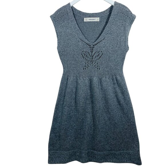 knit sleeveless v-neck grey knit dress sweater Zara knit size large - Picture 1 of 16